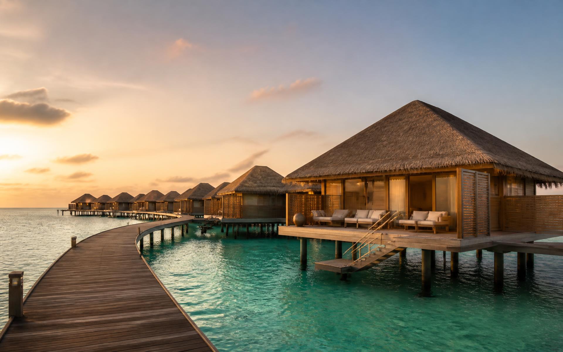 Overwater villas along a Maldives lagoon at sunset